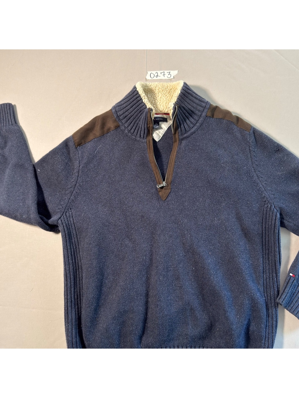 Tommy Hilfiger blue quarter-zip sweater with sherpa lining